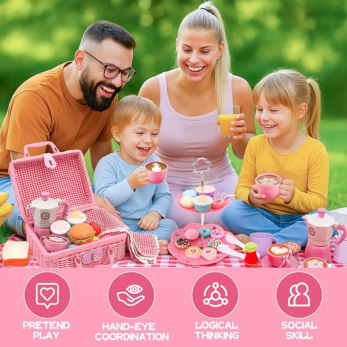 Pink Pretend Afternoon Tea Party Set with Storage Basket, Play Food & Accessories for Girls, Tea Party Set for Toddlers Indoor Outdoor Pretend Play, Kids Picnic Basket Toy Gift for Ages 3-8 - Bloomnest