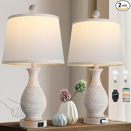 PARTPHONER Traditional Table Lamps Set of 2, Bedside Touch Lamp with USB C+A Charging Ports, Rustic Farmhouse Table Lamps for Living Room Bedroom, Side Table Lamp with White Fabric Shade, Antique Grey - Bloomnest