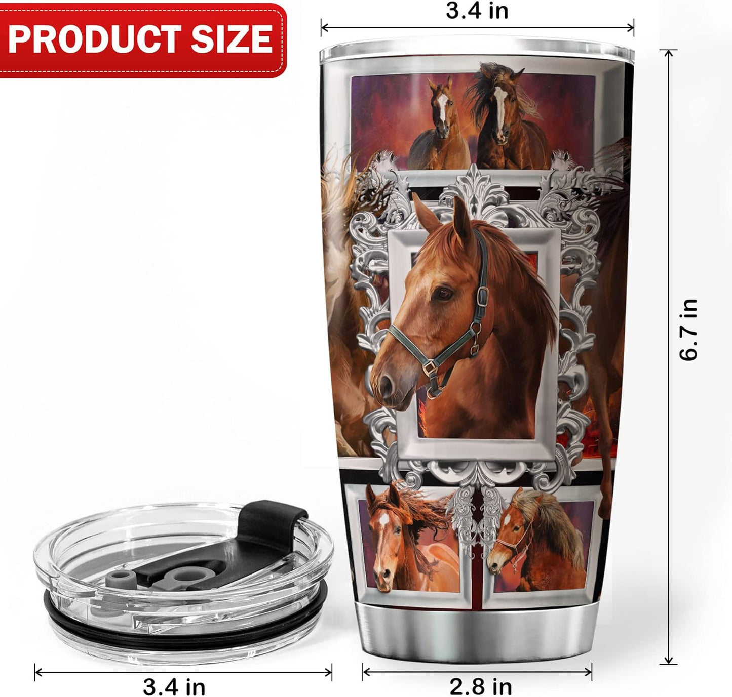 Horse Stainless Steel Tumbler With Lid 20oz Equestrian Farm Animal Print Cup Horses Gift Ideas Husband Present Insulated Travel Coffee Mug Vintage Horse Printed Gifts For Him