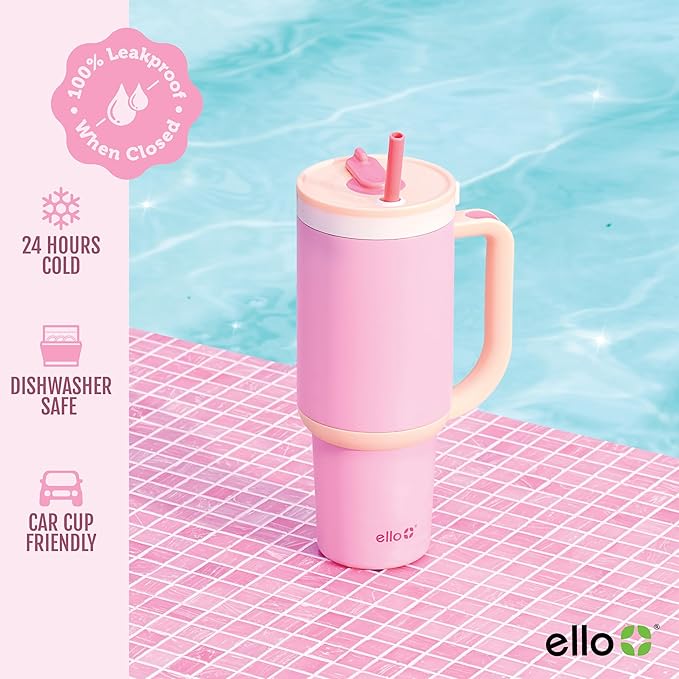 Ello Oasis 30 oz Tumbler with Handle & Retracting Straw | Reusable Insulated Stainless Steel Cup 100% Leakproof, Gifts for Teens Women Men | Keeps cold for 24 Hours, Cup Holder Friendly, Sunrise Glow - Bloomnest