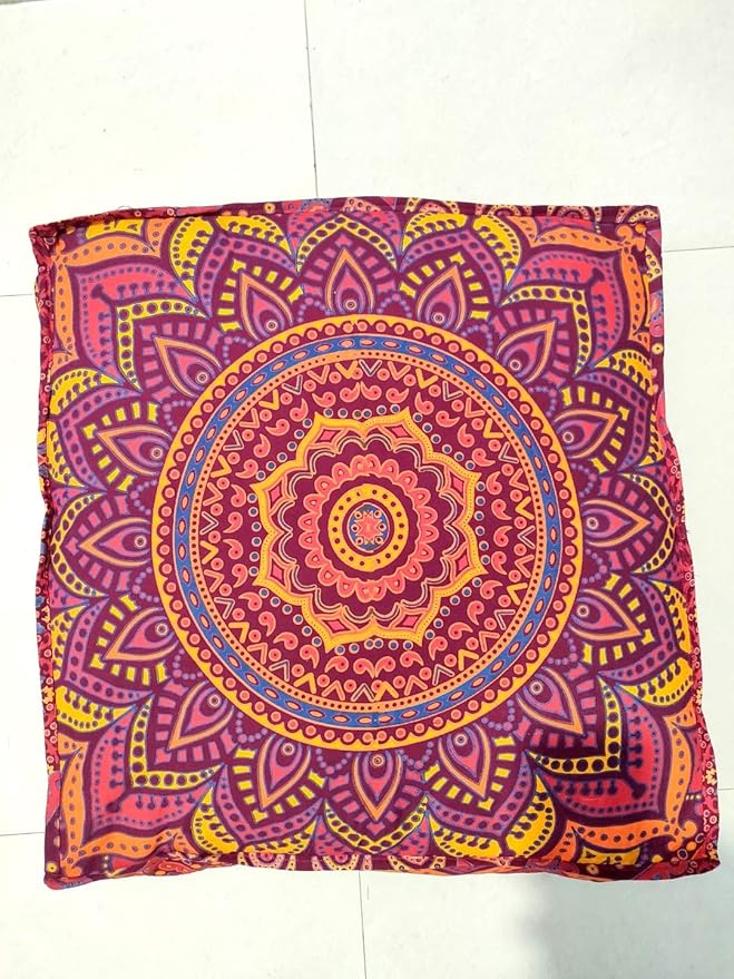 New Orange Ombre 24" Mandala Barmeri Large Floor Pillow Cover Cushion Meditation Seating Ottoman Throw Cover Hippie Decorative Zipped Bohemian Pouf Ottoman Pom Pom Cases 24 " square - Bloomnest