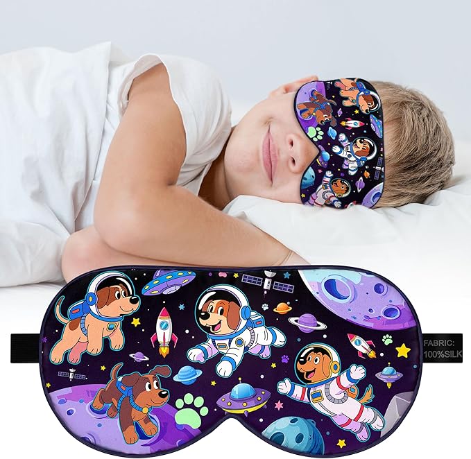 Silk Kids Sleep Mask: 100% Mulberry Silk Eye Mask, Sleeping Masks with Adjustable Strap, Soft & Light-Blocking Printed Kid Eye Cover for Boys Girls Teens Aged 5-15 (Space Dog Theme) - Bloomnest
