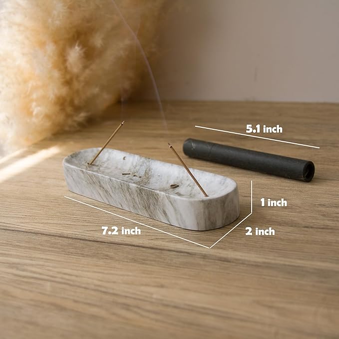 Marble-Patterned Concrete Incense Holder, with A Box of Cedar Incense, 7.1 Inch Good for Incense Tray, A Poetic and Artistic Gift for Yoga＆Meditation(Gray) - Bloomnest