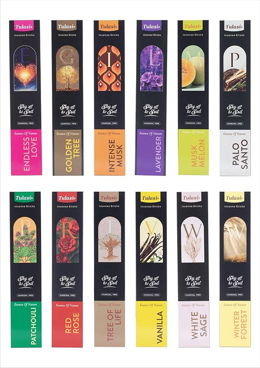 Tulasi Incense Sticks Gift Set – 144 Natural Scented Sticks (12 Fragrances) – Aromatherapy, Meditation, Yoga, Stress Relief, Air Purification – Long-Lasting Fragrance Gift Box (40g) Tulasi