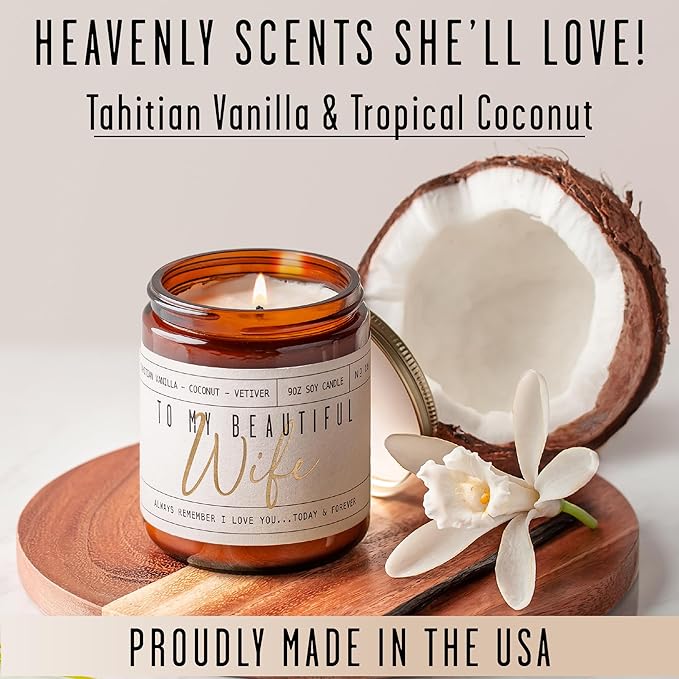 Wedding Anniversary Gifts for Wife, Wife Gifts - "To My Beautiful Wife" Soy Candle, w/Vanilla, Coconut & Vetiver I Gift for Wife from Husband I Anniversary Gifts for Women I 50Hr Burn, Made in USA - Bloomnest