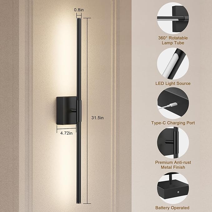 31.5 Inch Battery Operated Wall Sconce Set of Two, 8000mAh USB Rechargeable Wall Sconce with Remote Control, 360°Rotate Dimmable 3000K-6000K LED Wall Lights for Living Room, Hallway, Bedroom, Black - Bloomnest