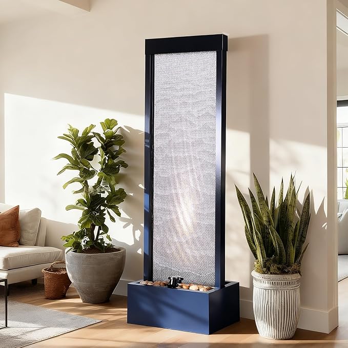 Mesh Panel Waterfall Fountain, Large Indoor Water Feature with Stones & LED Light, 64" Floor Standing Water Wall for Home Decor, Living Room, Patio, Outdoor Garden - Bloomnest