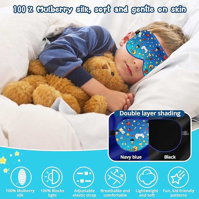 Kids Sleep Mask Eye Cover: 100% Real Natural Pure Silk Eye Mask with Adjustable Strap, Funny Blindfold Kids Eye Mask for Sleeping, Soft & Lightweight Eye Shade for Boys Girls Teens (Games Style) - Bloomnest