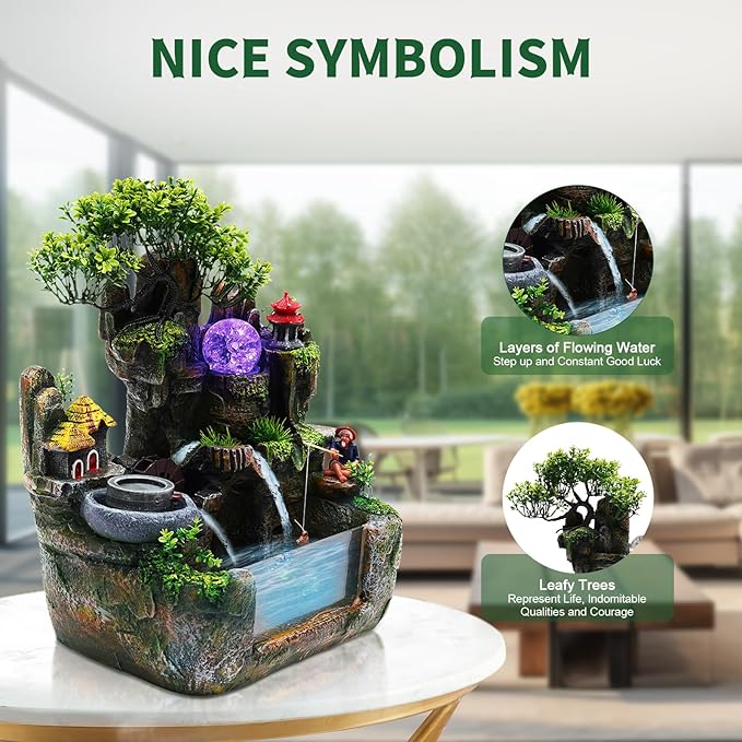Waterfountain Indoors Rockery Fountain Goldfish Waterfall Desktop 12LED Decorat Tabletop Rockery Fountai Atomizing Humidifier Small Waterfall for Home Office Bedroom Relaxation US Plug 110V - Bloomnest