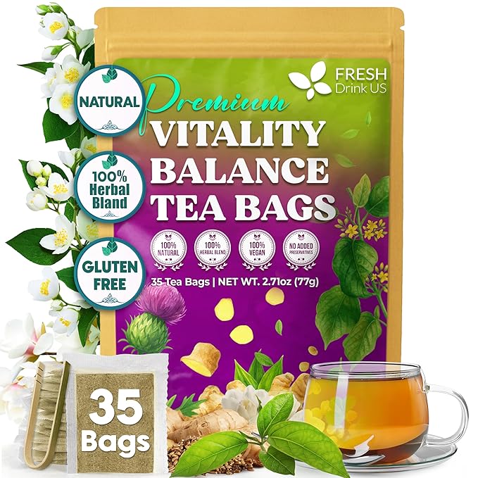 FreshDrinkUS, Vitality Balance Tea Bags | 30 Count | Herbal Blend with Gymnema, Milk Thistle Seed, Fenugreek, Dandelion Root, Ginger, Orange Peel & Other Herbs – 100% Natural, Caffeine-Free Herbal Tea - Bloomnest