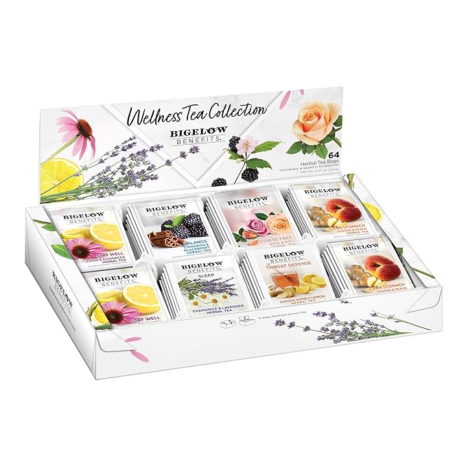 Bigelow Benefits Wellness Tea Collection, Variety Gift Box Sampler, 64 Tea Bags, (Pack of 1 - Bloomnest