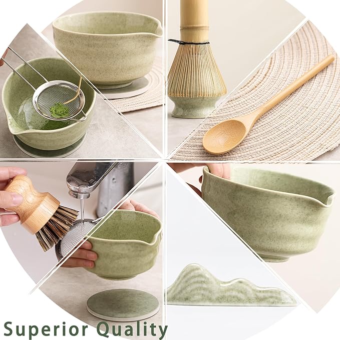 Japanese Matcha Set, Matcha Bowl with Spout and Coaster, Matcha Whisk and Holder, Sifter, Scoop, Spoon, Cleaning Brush,10 Pcs Complete Ceramic Matcha Kit - Bloomnest