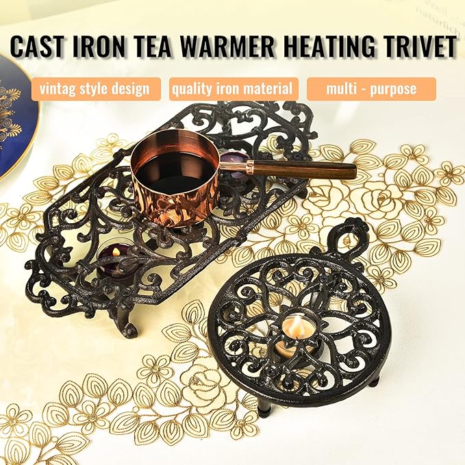 Sungmor Cast Iron Teapot Warmer Dish Cups Heater Pot Trivet - Rustic & Graceful Pattern Design with Tealight Holder - Heavy Duty & Decorative Candle Holder Stands for Heat Food Coffee Milk or Tea - Bloomnest