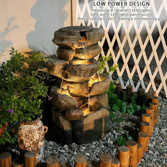 Garden Outdoor Fountains 4-Tier Rock Outdoor Water Fountain with Lights, 28.35" Waterfall Fountain for Garden, Patio, Yard, and Lawn, Natural Stone Look Water Features Outdoor Patio - Bloomnest