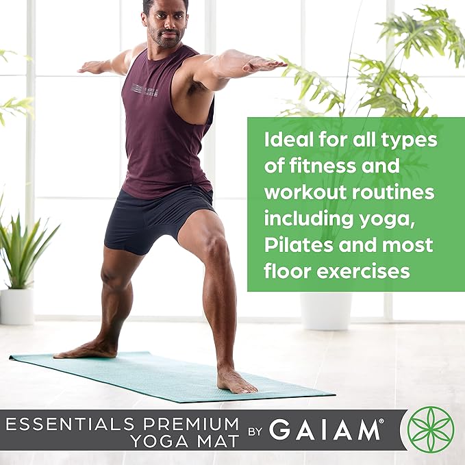Gaiam Essentials Thick 2/5" (10mm) and Thin 1/4" (6mm) Yoga & Pilates, Fitness & Exercise Mat with Easy-Cinch Carrier Strap