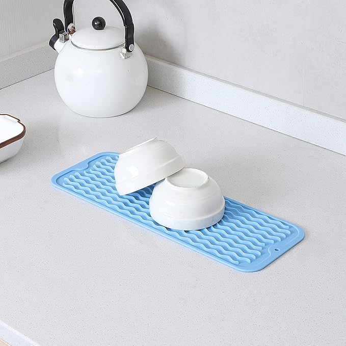 Silicone Dish Drying Mat for Multiple Usage,Easy clean,Eco-friendly,Heat-resistant Silicone Mat for Kitchen Counter,Sink,Bar,Bottle,or Cup Light Blue M 17 inches x 6 inches - Bloomnest