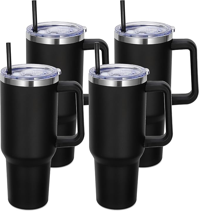 DOMICARE 40 oz Tumbler with Handle and Straw, Stainless Steel Tumbler with Lid and Straw, Reusable Vacuum Insulated Cup, Travel Coffee Mug, Black, 4Pack - Bloomnest