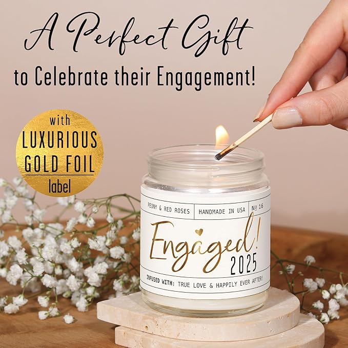 Engagement Gift, Engagement Gifts for Couples -'Engaged 2025' Candle, w/Peony & Rose Wedding Bouquet I Fiance Gifts for Women I Engaged Gift for Her I 50Hr Burn, USA Made - Bloomnest