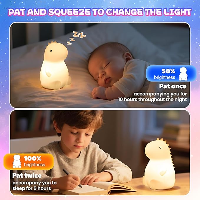 Night Light for Kids, Rechargeable Dimmable Silicone LED Nightlight with 7 Colors, Baby Nursery Night Lamp, Touch Squishy Lamp, Cute Gifts for Girls, Boys, Toddler Room Decor, Dinosaur - Bloomnest