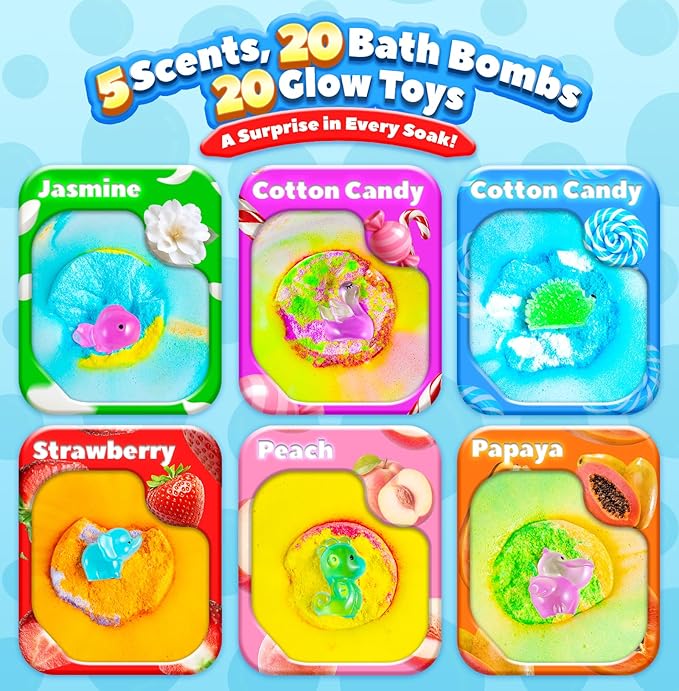 Bath Bombs for Kids with Surprise Inside, 20 Pack Handmade Bath Bomb Gift Set with Glow-in-The-Dark Toys, Fizzy Bath Balls for Fun, Great Christmas Gift or 2025 Advent Calendar for Boys & Girls - Bloomnest