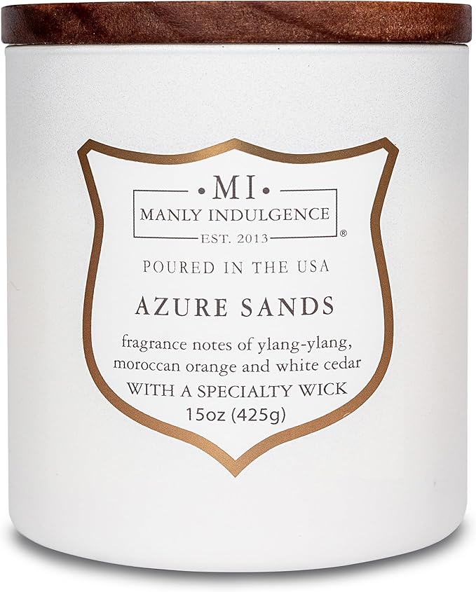 Manly Indulgence Azure Sands Scented Candles for Men, 15 oz Wooden Wick, Premium Soy Blend Wax, 60H Burn, Candles for Home Scented - Made in The USA - Bloomnest