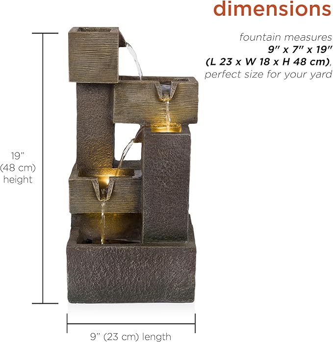 Alpine Corporation ZDQ110 19" Indoor/Outdoor Multi-Tier Water Fountain with LED Lights – Cascading Waterfall Feature for Gardens, Patios, Yards, and Home Décor, Gray - Bloomnest