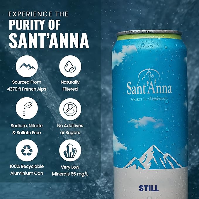 Sant'Anna Still Mineral Water, 11.16 Fl Oz (24-Pack) | Pure French Pyrenees Mountain-Fresh Drinking Water | Natural Functional Drink | Sodium-Free Mineral in Cans - Bloomnest