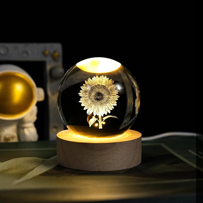 3D Laser Etched Sunflower Crystal Ball, Sunflower Decor Glass Sphere Lamp Night Light, Crystal Flower Figurines Collectibles Gifts for Mom Women Girls - Bloomnest