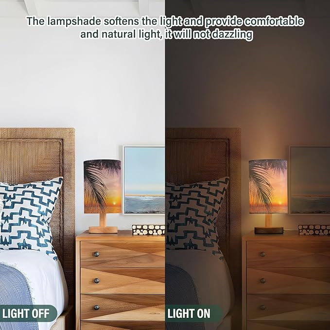 Table Lamp Sunset Ocean Palm Tree Tropical Summer Nightstand Lamp with Wood Base Fabric Lamp Shade Bedside Desk Lamp for Living Room Bedroom Kids Room Office - Bloomnest