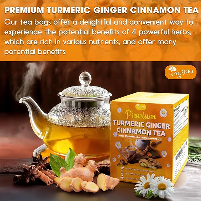 TOG999, Turmeric Ginger Cinnamon Tea Bags | 60 Count | Herbal Blend with Turmeric, Ginger, Cinnamon Stick & Chamomile Flowers for Relaxation | Naturally Flavorful, Caffeine-Free | Packed in Paper Box - Bloomnest