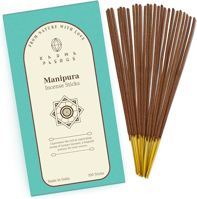 Manipura Incense Sticks, Organic Hand Dipped 100 Sticks with Natural Herbs & Aromatic Ingredients, Burn Time 45 to 60 Minutes, Incense for Positivity, Yoga, Meditation, Relaxation, Spiritual Gift KARMAPLEDGE
