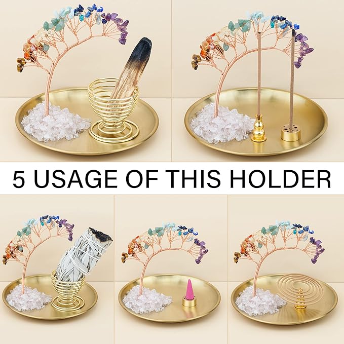 ZenBless 7 Chakra Healing Crystal Tree Incense Holder Palo Santo Sage Burner Brass Ash Catcher for Incense Sticks Coil Cones Yoga Meditation Zen Spiritual Room Home Decoration (Round) - Bloomnest