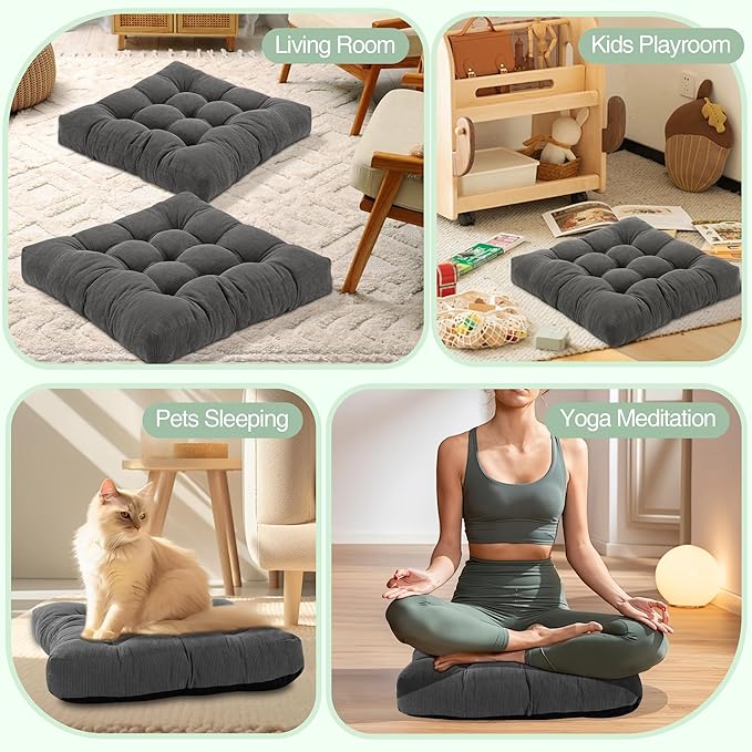 Floor Pillow Cushions for Adults Sitting Large Big Pillows for Floor Seating Square Memory Foam Thick Tufted, 22 x 22 Inch, Set of 2, Green - Bloomnest