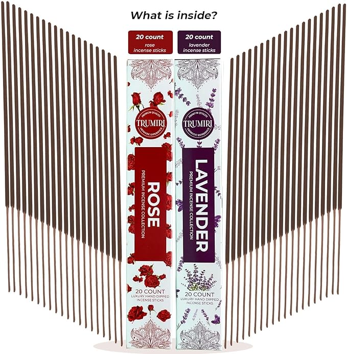 Trumiri Incense Sticks - Combo Pack of 40 Insence-Sticks - 20 Rose + 20 Lavender - Insenses - Insents - Incents - Inscense - Incence - Incienso - All Natural Incense Sticks TRUMIRI