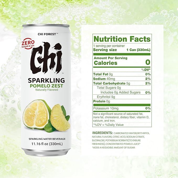 CHI FOREST Pomelo Sparkling Water Beverage, Zero Sugar Drinks, Zero Artificial Flavor, 11.16 fl oz Cans (Pack of 24) - Bloomnest
