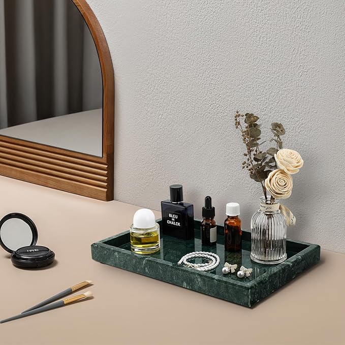 Real Natural Marble Tray for Bathroom, Vanity, Kitchen and Desktop, Rectangle Genuine Marble Stone Tray for Jewelry, Cosmetics, Candles, Lotion, Perfume and Home Decor