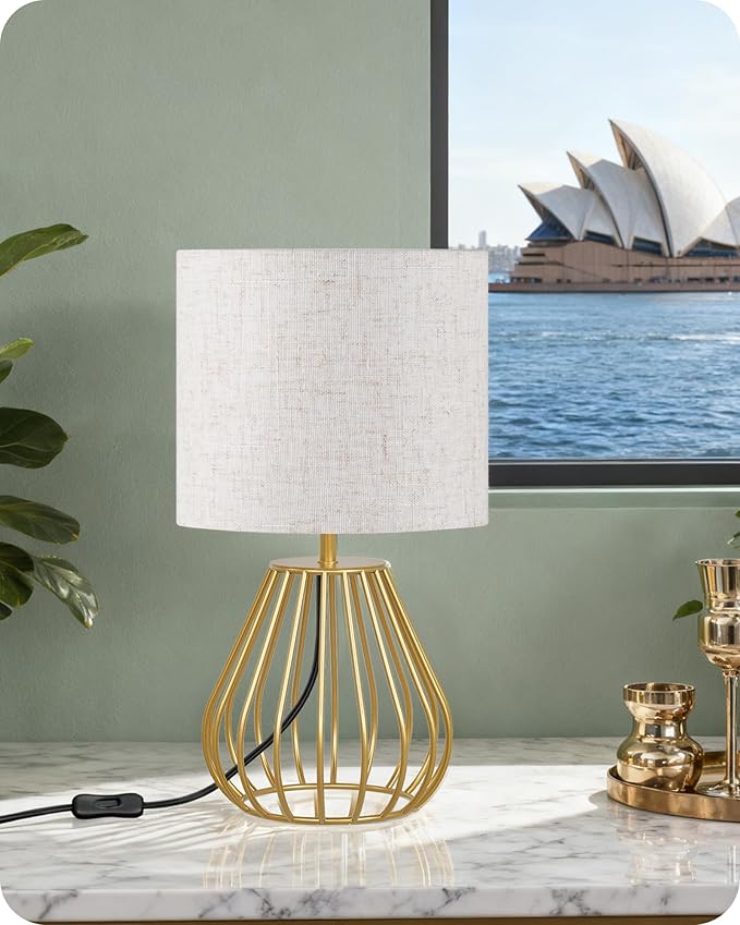 Gold Bedside Table Lamp, 12.6'' Small Table Lamp with Beige Linen Lampshade & Gold Teardrop Cage, Modern Little Cute Desk Lamp for Bedroom, Living Room, 2700K LED Bulb Included DE06TL05 - Bloomnest