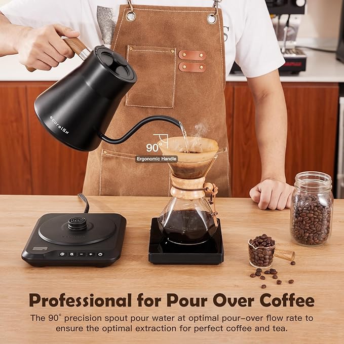 ECORELAX Gooseneck Electric Kettle, ±1℉ Temperature Control Pour Over Kettle for Coffee, Tea & Water, Stainless Steel 1200 W Keep Warm OLED Display 1 L (Black) - Bloomnest