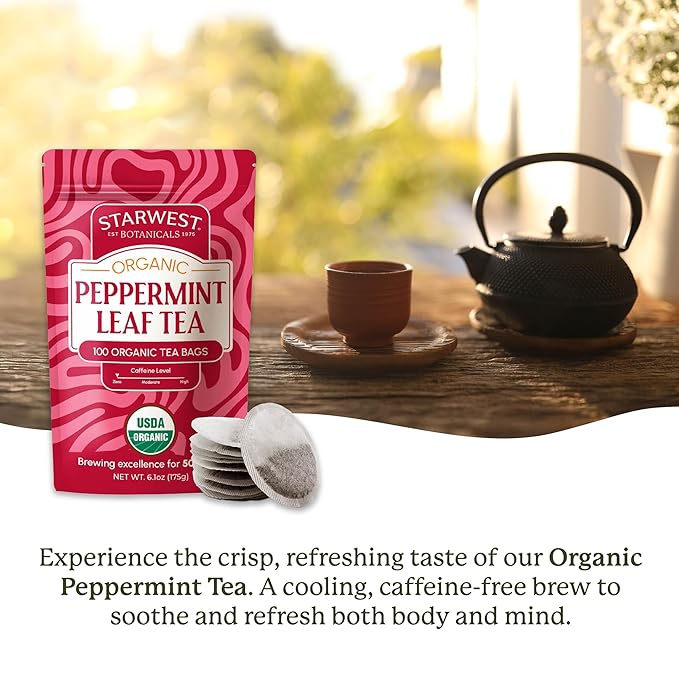 Starwest Botanicals Organic Peppermint Leaf Tea - Caffeine Free Herbal Tea, Supports Digestion, USDA Organic Peppermint Leaf, String Free Sachets, Non GMO - Bulk Pack, 100 Tea Bags - Bloomnest
