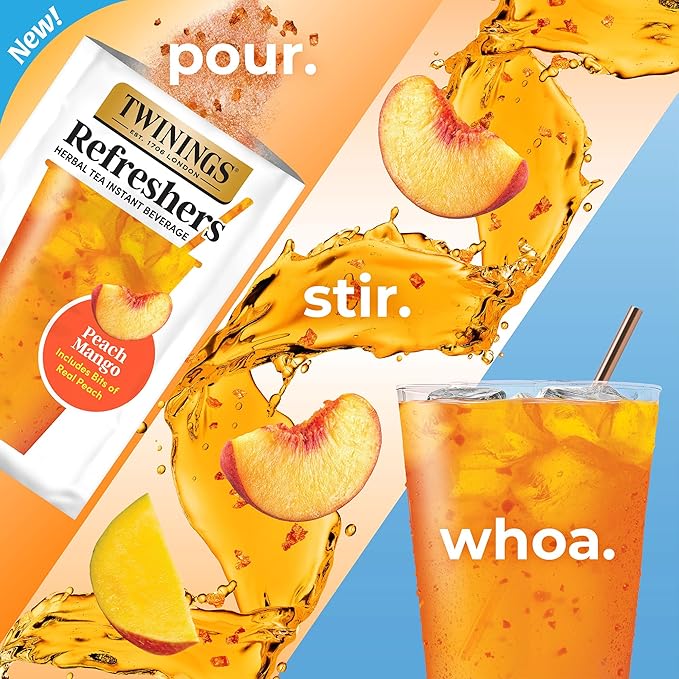 NEW Twinings Peach Mango Refreshers, Herbal Tea Instant Beverage with Real Peach Fruit Bits, 5 Count (Pack of 6), Café Style, No Artificial Sweeteners, Naturally Caffeine-Free Refreshment, 30 Packets - Bloomnest