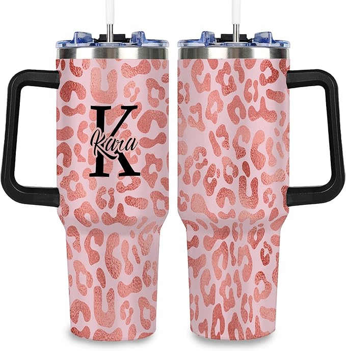 Personalized Pink Leopard Print Tumbler with Names, Custom 40oz Tumblers with Handle and Straw Lid, Insulated Stainless Steel Cup, Travel Coffee Mug, Gifts for Birthday Christmas Anniversary Women - Bloomnest