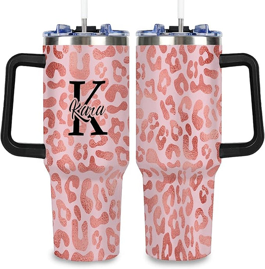 Personalized Pink Leopard Print Tumbler with Names, Custom 40oz Tumblers with Handle and Straw Lid, Insulated Stainless Steel Cup, Travel Coffee Mug, Gifts for Birthday Christmas Anniversary Women - Bloomnest