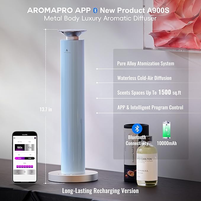 Waterless Scent Diffuser Starter Kit - Alloy Atomization System, Smart Rechargeable Hotel Scent Diffuser, 1500 Sq Ft Coverage, Including 120ml Essential Oil, for Home, Large Room, Spa, Pastel Blue - Bloomnest