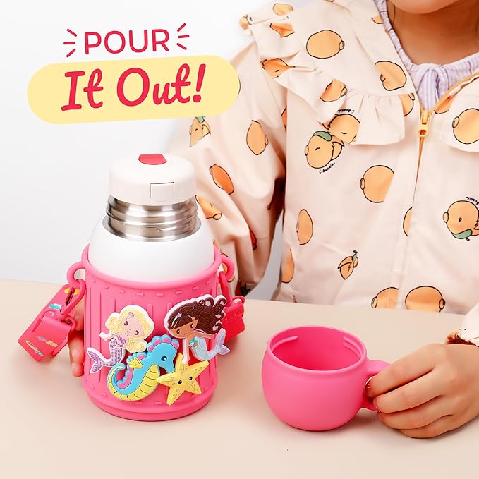 Kids Insulated Tumbler Set – 16oz Stainless Steel Water Bottle with Straw & Pour Lids, Screw-On Cup, Adjustable Strap, Silicone Sleeve & Charms – Leakproof BPA-Free Bottle for Boys & Girls - Bloomnest