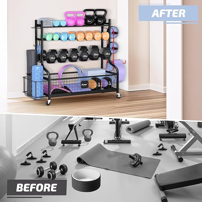 PLKOW Dumbbell Rack, Weight Rack for Dumbbells, Home Gym Storage for Dumbbells Kettlebells Yoga Mat and Balls, All in One Workout Storage with Wheels and Hooks, Powder Coated Finish Steel - Bloomnest