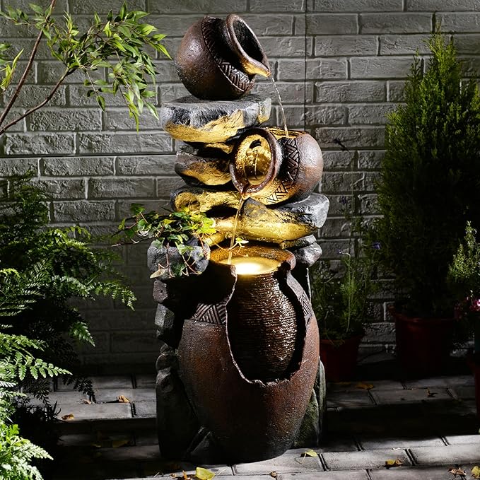 Garden Water Fountain Outdoor Decor - 38.4" 3 Tier Standing Cascading Waterfall Outdoor Water Fountain with LED Lights & Pumps,Natural Design for Garden,Patio, Porch, Backyard, Home Art Decor - Bloomnest