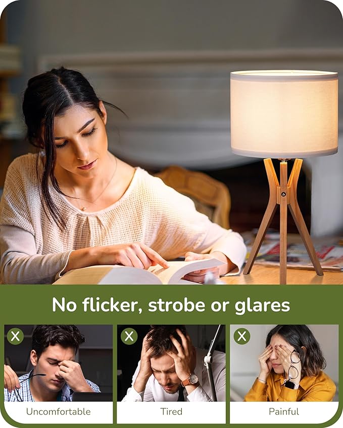 EDISHINE Modern Tripod Table Lamp, 17.5" Bedside Lamp with Natural Wood Light Legs & White Linen Lampshade, Nightstand Lamp for Bedroom, Living Room, Reading Room, E26 Base - Bloomnest