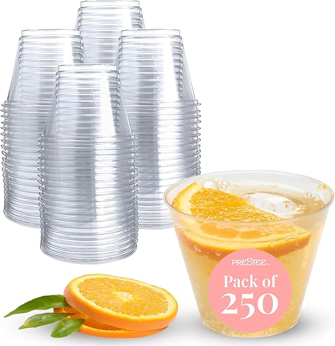 Prestee 250-Pack - 9oz Clear Plastic Cups - Durable Disposable Plastic Wine Glasses for Party, Weddings, and Catering - Small Drinking Glasses for Cocktails and Beverages - Heavy-Duty Fruit Punch Cups - Bloomnest