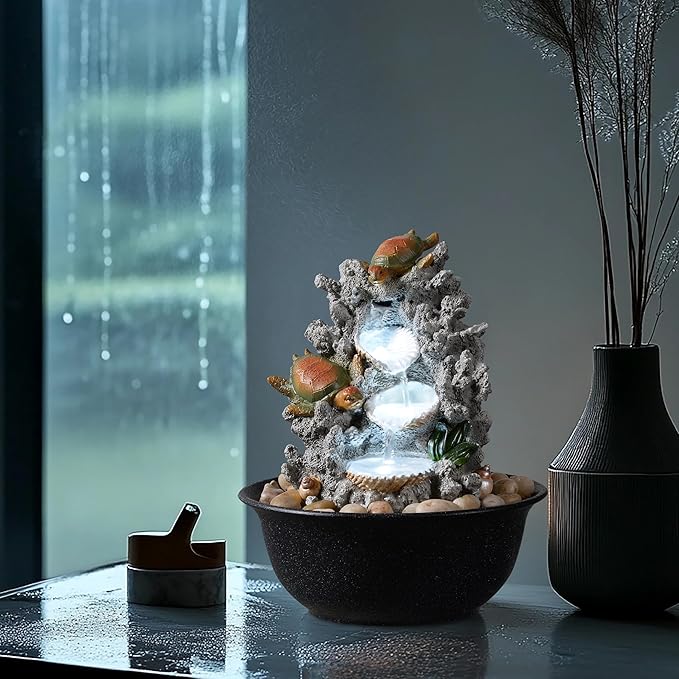 Indoor Tabletop Turtle Water Fountain with LED Light – Coastal Sea Life Desk Waterfall Feature with Soothing Sounds and River Rocks, Ocean Zen Decor for Home Office - Bloomnest