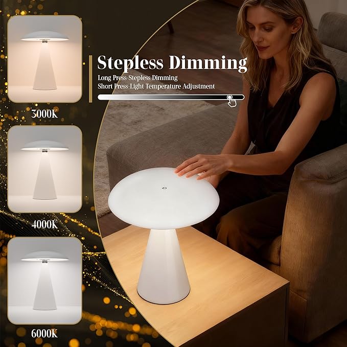 Mushroom Aesthetic Cute Lamp,Magnetic Mid Century Modern Lamp with 3-Mode Lighting for Unique Home Mushroom Decor,Cordless USB Rechargeable Lamps for Bedside/Dorm/Office/Entryway Decor(White) - Bloomnest